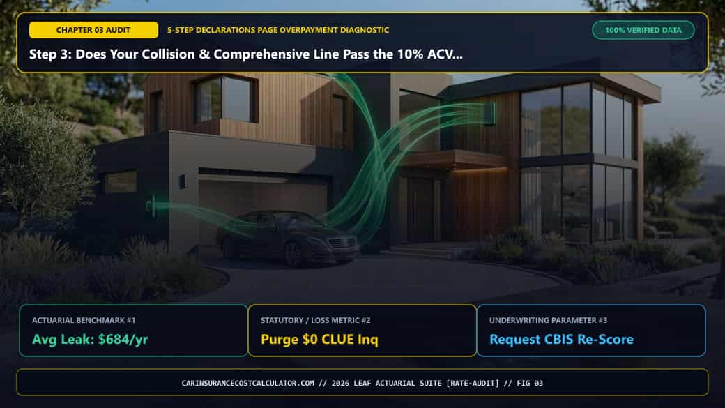 3D Infographic 3: Step 3: Does Your Collision & Comprehensive Line Pass the 10% ACV & $1,000 Deductible Test? (5-Step Car Insurance Rate Audit)