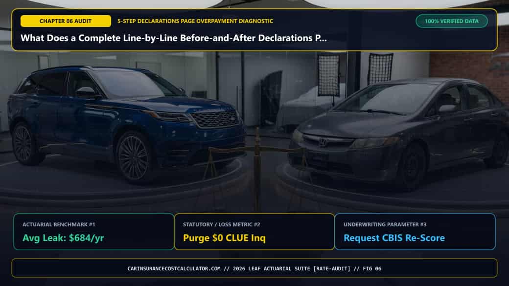 3D Infographic 6: What Does a Complete Line-by-Line Before-and-After Declarations Page Audit Look Like? (5-Step Car Insurance Rate Audit)