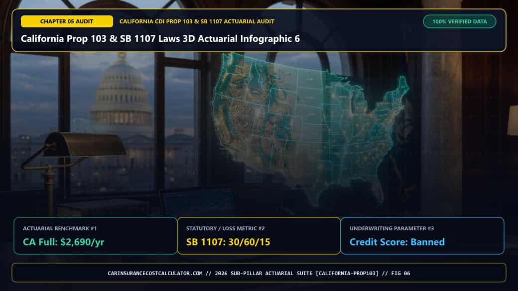 California Prop 103 & SB 1107 Laws 3D Actuarial Infographic 6 — How Much Does Car Insurance Cost Across California Counties (LA, Bay Area, San Diego, Central Valley)