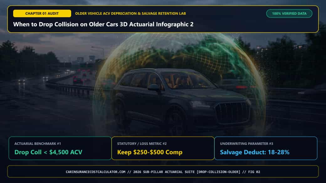 When to Drop Collision on Older Cars 3D Actuarial Infographic 2 — How Does the 15-Year Vehicle Depreciation Curve Cross the Rising Repair-Cost Curve