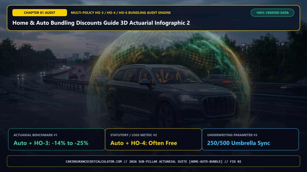 Home & Auto Bundling Discounts Guide 3D Actuarial Infographic 2 — How Much Do You Actually Save Bundling Auto With Homeowners (HO-3), Condo (HO-6), vs. Renters (HO-4)