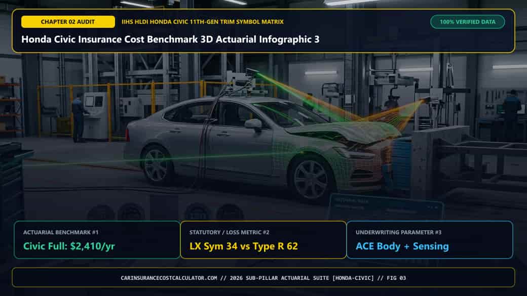 Honda Civic Insurance Cost Benchmark 3D Actuarial Infographic 3 — How Much Do Honda Civic Insurance Rates Vary Across LX, Sport, Civic Hybrid, Civic Si, and Civic Type R