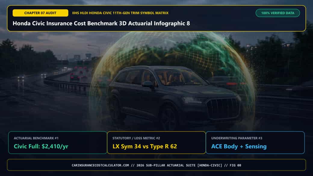 Honda Civic Insurance Cost Benchmark 3D Actuarial Infographic 8 — How Does the Honda Civic Compare Against Toyota Corolla, Mazda3, Hyundai Elantra, and VW Jetta