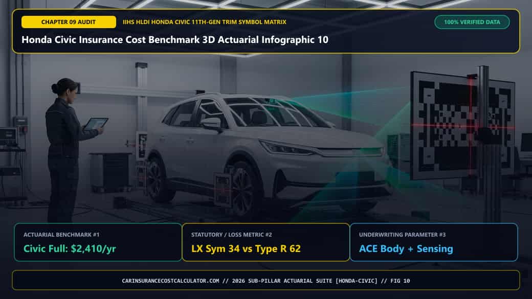 Honda Civic Insurance Cost Benchmark 3D Actuarial Infographic 10 — What Does Our 2026 Honda Civic 50-State, Trim, and Model-Year Actuarial Directory Show