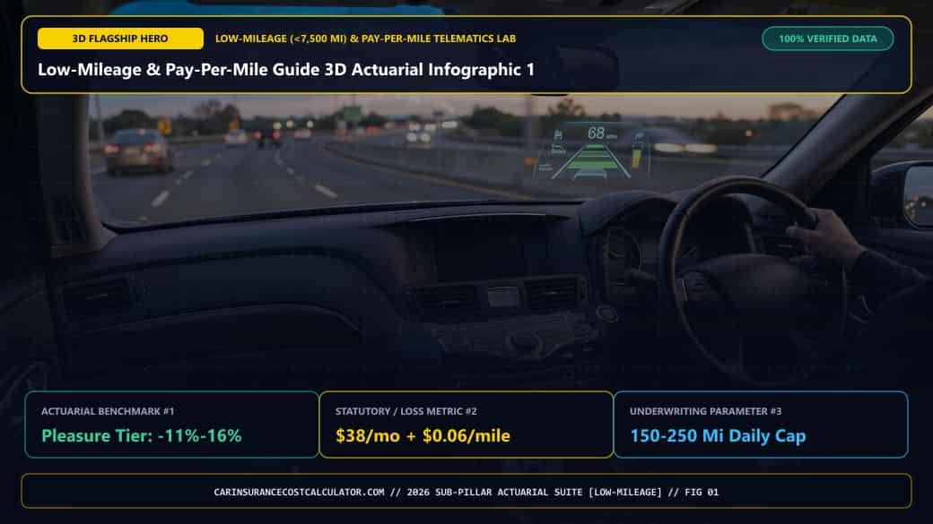 Low-Mileage & Pay-Per-Mile Guide 3D Actuarial Infographic 1 — Why Does Driving Fewer Than 7,500 Miles Per Year Unlock Significant Actuarial Discounts