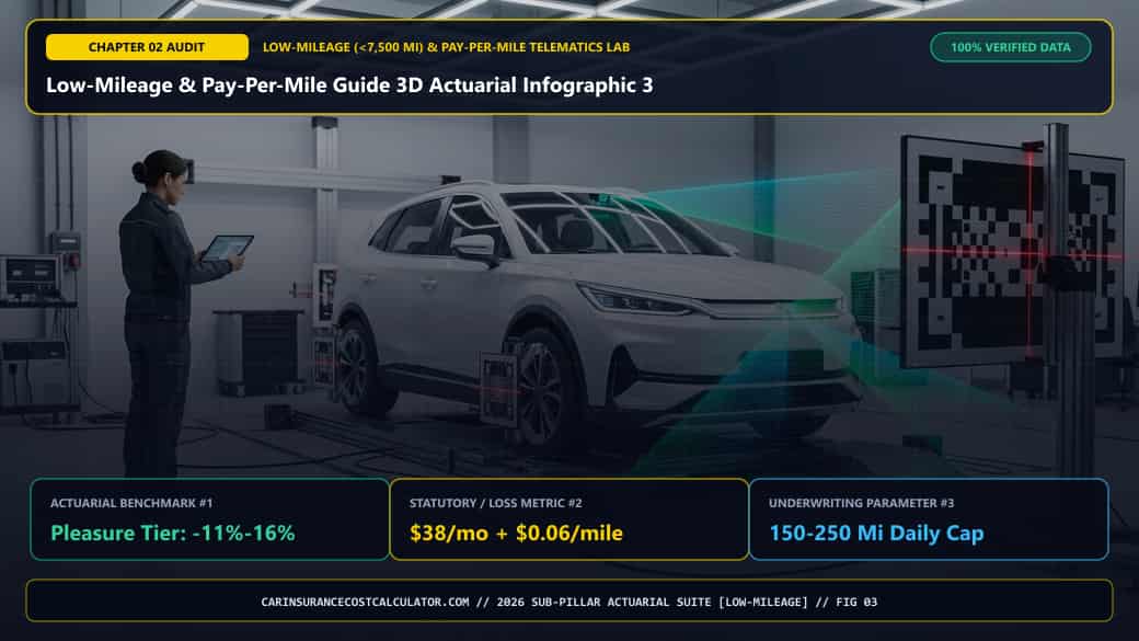Low-Mileage & Pay-Per-Mile Guide 3D Actuarial Infographic 3 — How Does the Pay-Per-Mile Equation Work (Monthly Base Rate + Per-Mile Rate + Daily Road-Trip Cap)