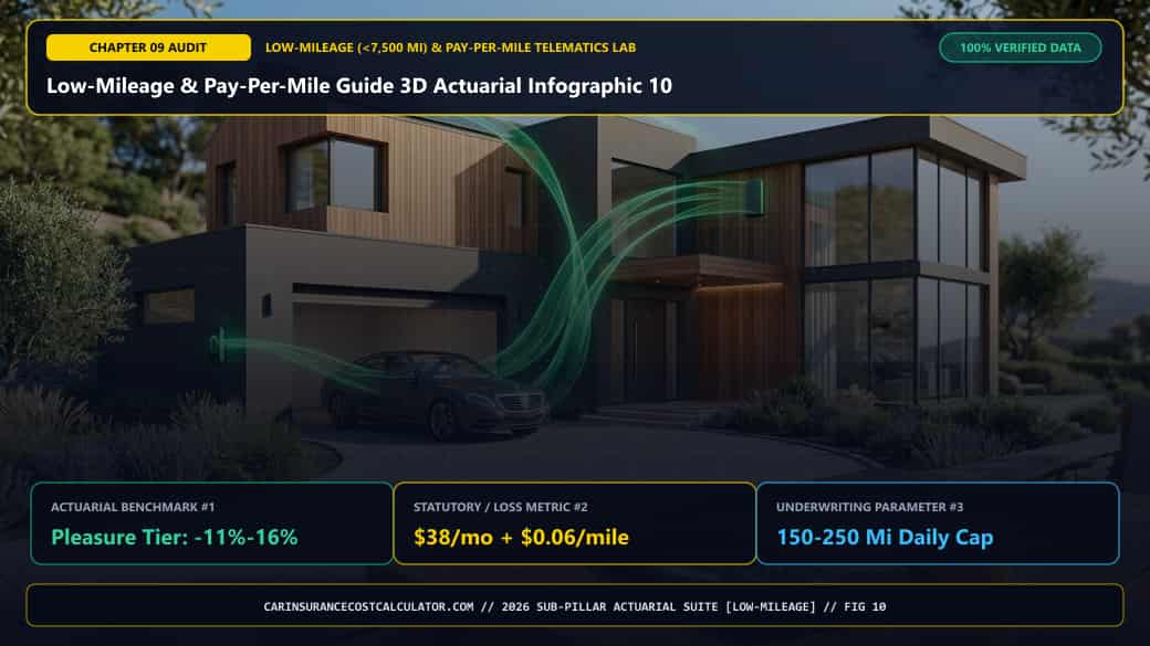 Low-Mileage & Pay-Per-Mile Guide 3D Actuarial Infographic 10 — What Does Our 2026 Annual Mileage Bracket (1,000 to 20,000 Miles) & State Savings Matrix Show