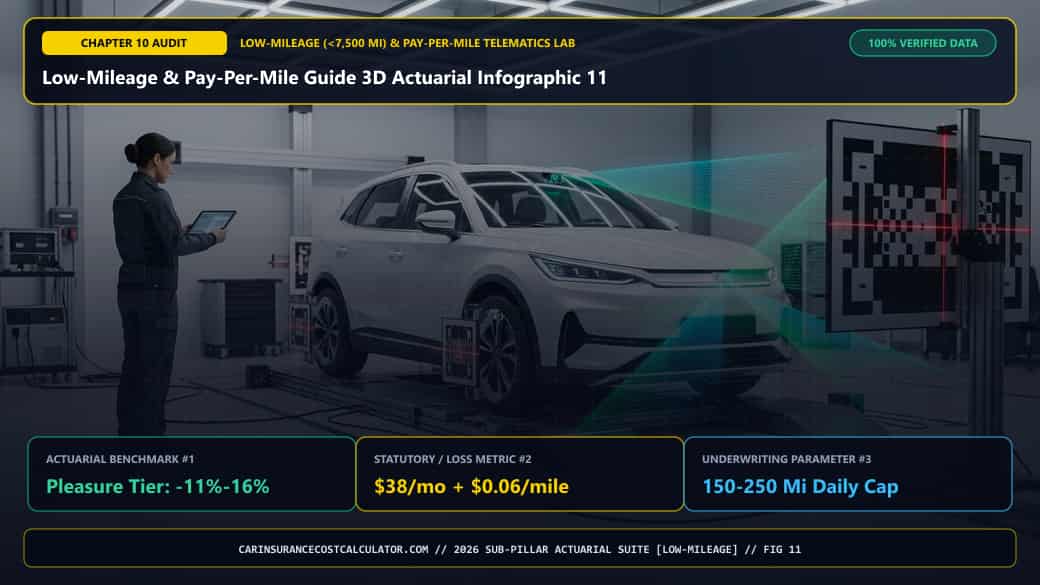 Low-Mileage & Pay-Per-Mile Guide 3D Actuarial Infographic 11 — What Does Our 2026 Annual Mileage Bracket (1,000 to 20,000 Miles) & State Savings Matrix Show