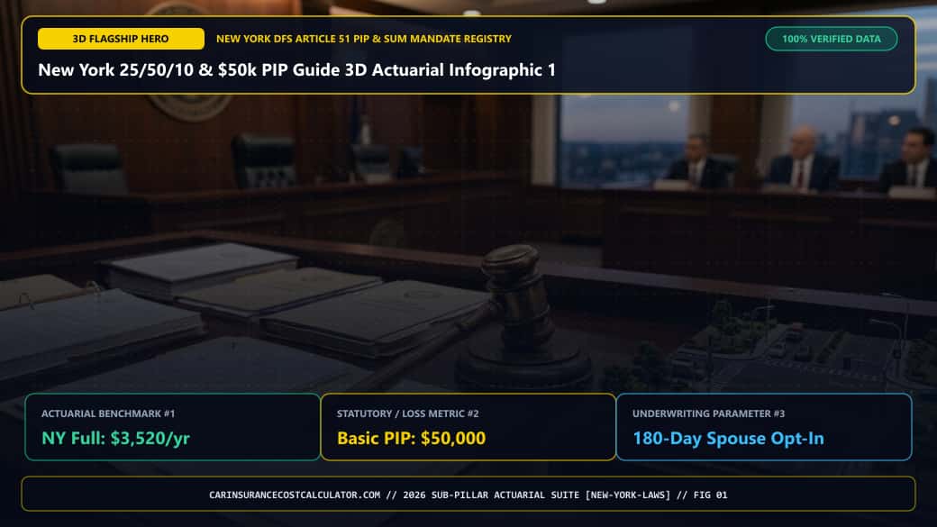 New York 25/50/10 & $50k PIP Guide 3D Actuarial Infographic 1 — What Are New York's Mandatory 25/50/10 Liability, 50/100 Wrongful Death, and $50,000 PIP Minimums