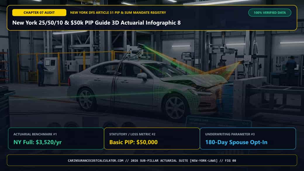 New York 25/50/10 & $50k PIP Guide 3D Actuarial Infographic 8 — How Does New York Regulate Credit Scores, Ride-Share / TLC Black Cars, and Merit Rating