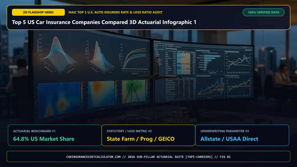 Top 5 US Car Insurance Companies Compared 3D Actuarial Infographic 1 — How Do the Top 5 US Auto Insurers (State Farm, Progressive, GEICO, Allstate, USAA) Compare in 2026