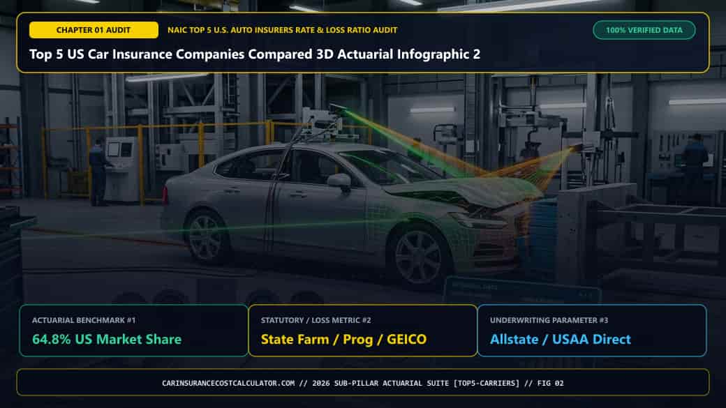 Top 5 US Car Insurance Companies Compared 3D Actuarial Infographic 2 — What Do NAIC Statutory Page-14 Pure Loss Ratios and Expense Ratios Reveal About Each Carrier's Pricing