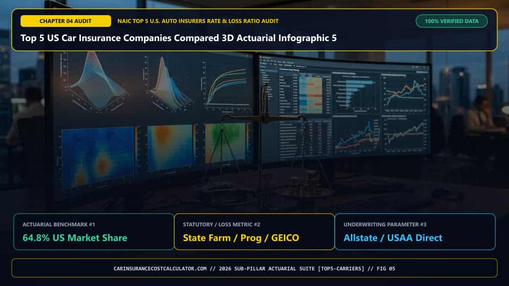 Top 5 US Car Insurance Companies Compared 3D Actuarial Infographic 5 — How Does GEICO (#3 Market Share) Use a 14% Direct Expense Ratio to Undercut Agency Carriers for Commuters