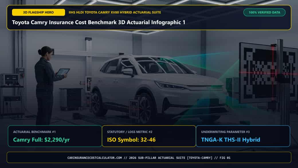 Toyota Camry Insurance Cost Benchmark 3D Actuarial Infographic 1 — How Much Does Toyota Camry Car Insurance Cost Per Month and Per Year in 2026