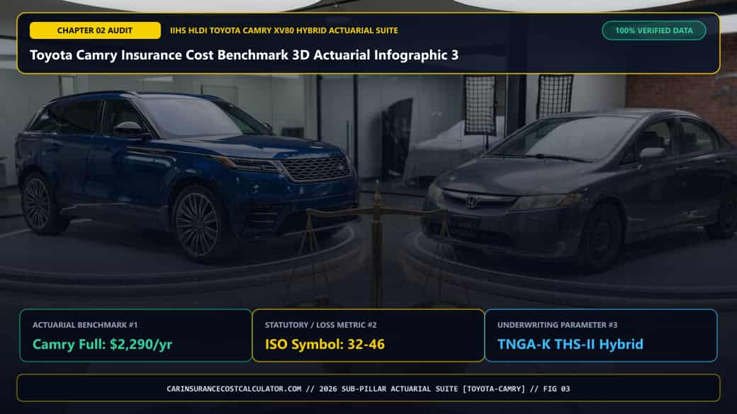 Toyota Camry Insurance Cost Benchmark 3D Actuarial Infographic 3 — How Much Does Camry Insurance Cost Across LE, SE, XLE, and XSE (FWD vs. AWD) Trims